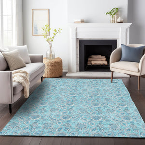 HomeRoots 9' X 12' Durable Aqua & Silver Floral Area Rug - UV Protected, Washable, Stain Resistant Design 655113