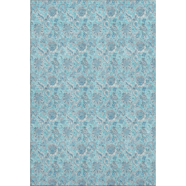 HomeRoots 9' X 12' Durable Aqua & Silver Floral Area Rug - UV Protected, Washable, Stain Resistant Design 655113