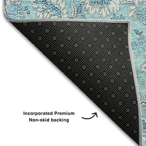 HomeRoots 9' X 12' Durable Aqua & Silver Floral Area Rug - UV Protected, Washable, Stain Resistant Design 655113