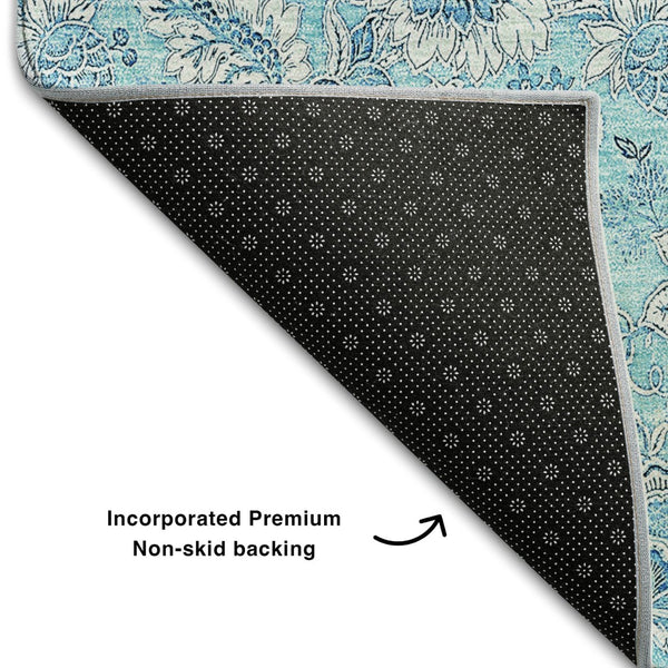 HomeRoots 9' X 12' Durable Aqua & Silver Floral Area Rug - UV Protected, Washable, Stain Resistant Design 655113