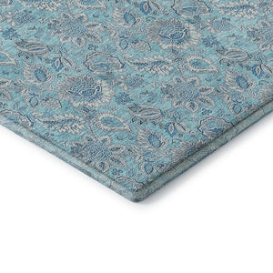 HomeRoots 9' X 12' Durable Aqua & Silver Floral Area Rug - UV Protected, Washable, Stain Resistant Design 655113