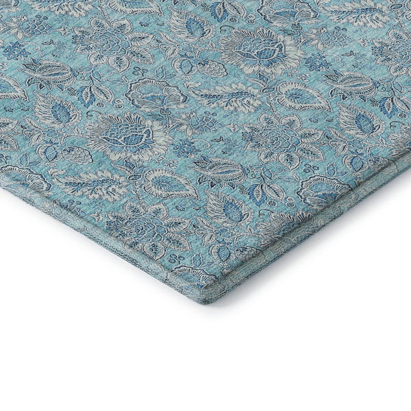 HomeRoots 9' X 12' Durable Aqua & Silver Floral Area Rug - UV Protected, Washable, Stain Resistant Design 655113