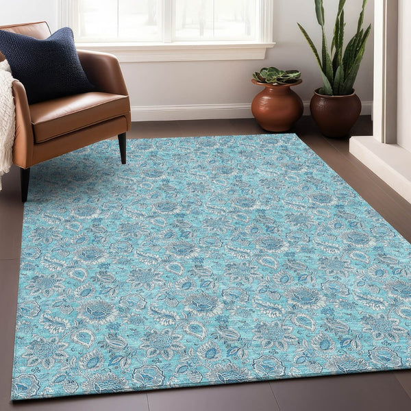 HomeRoots 9' X 12' Durable Aqua & Silver Floral Area Rug - UV Protected, Washable, Stain Resistant Design 655113