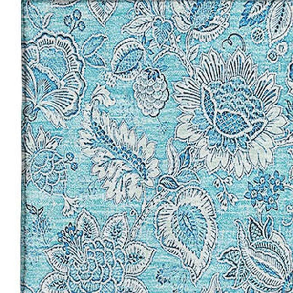 HomeRoots 9' X 12' Durable Aqua & Silver Floral Area Rug - UV Protected, Washable, Stain Resistant Design 655113