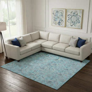 HomeRoots 10' Aqua and Silver Floral Area Rug - Washable, UV Protected, Durable Design for Stylish Spaces! 655114
