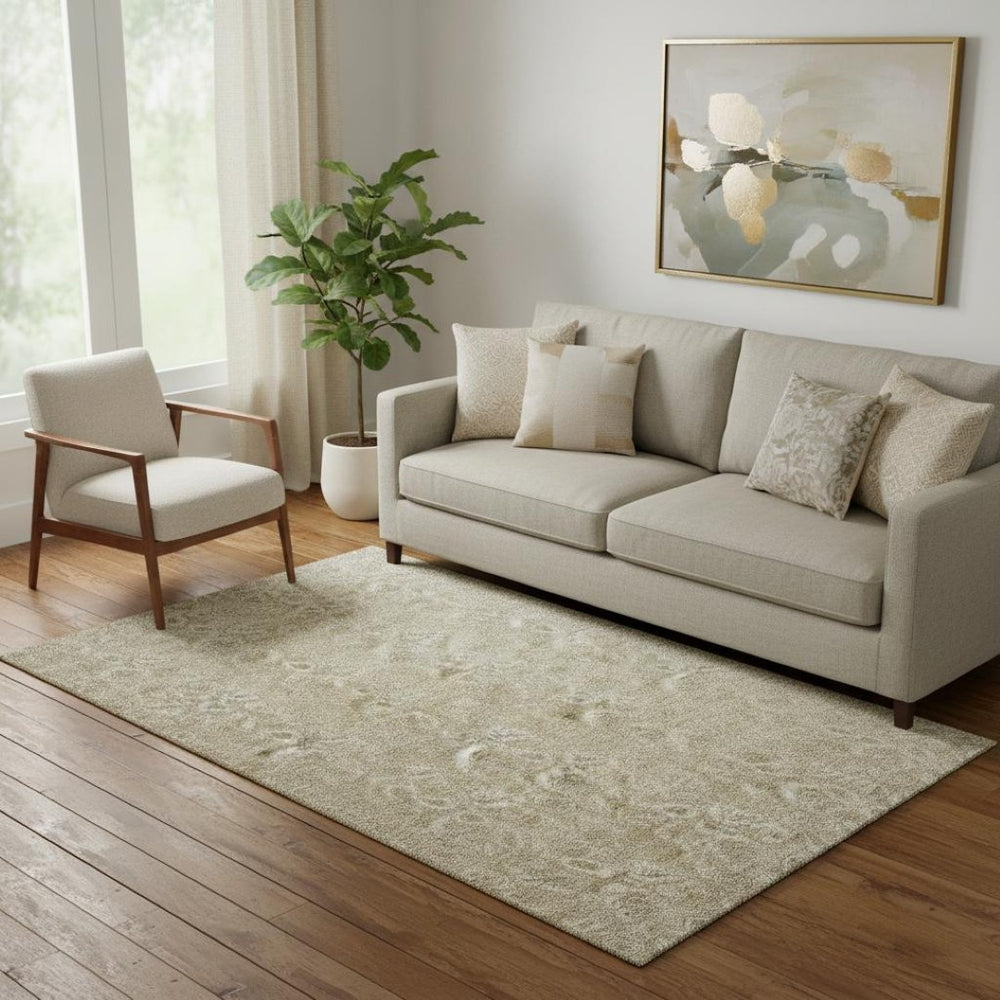 HomeRoots 5' X 8' Beige & Taupe Floral Area Rug - Washable, Stain-Resistant, UV Protected for Family Spaces 655116