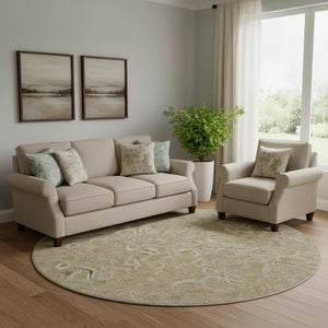 HomeRoots 8' Stylish Beige & Taupe Floral Washable Round Rug - Durable, Stain-Resistant & UV Protected Design 655117