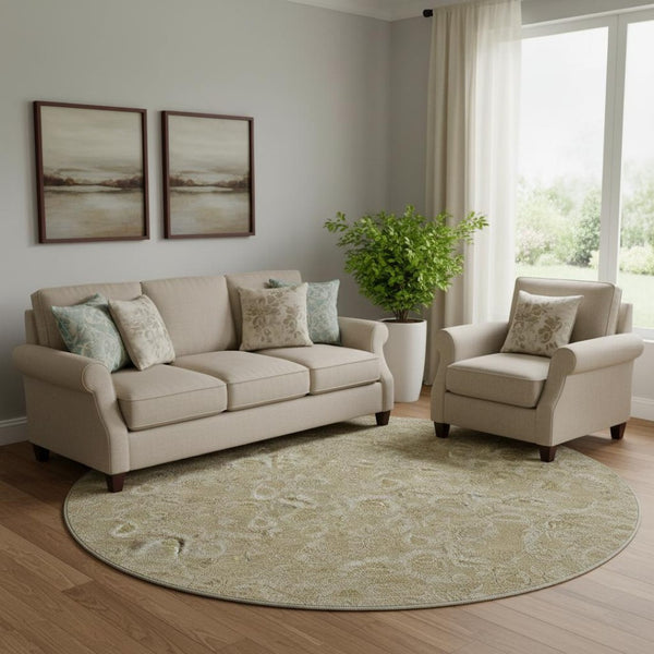 HomeRoots 8' Stylish Beige & Taupe Floral Washable Round Rug - Durable, Stain-Resistant & UV Protected Design 655117