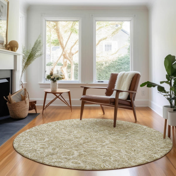 HomeRoots 8' Stylish Beige & Taupe Floral Washable Round Rug - Durable, Stain-Resistant & UV Protected Design 655117