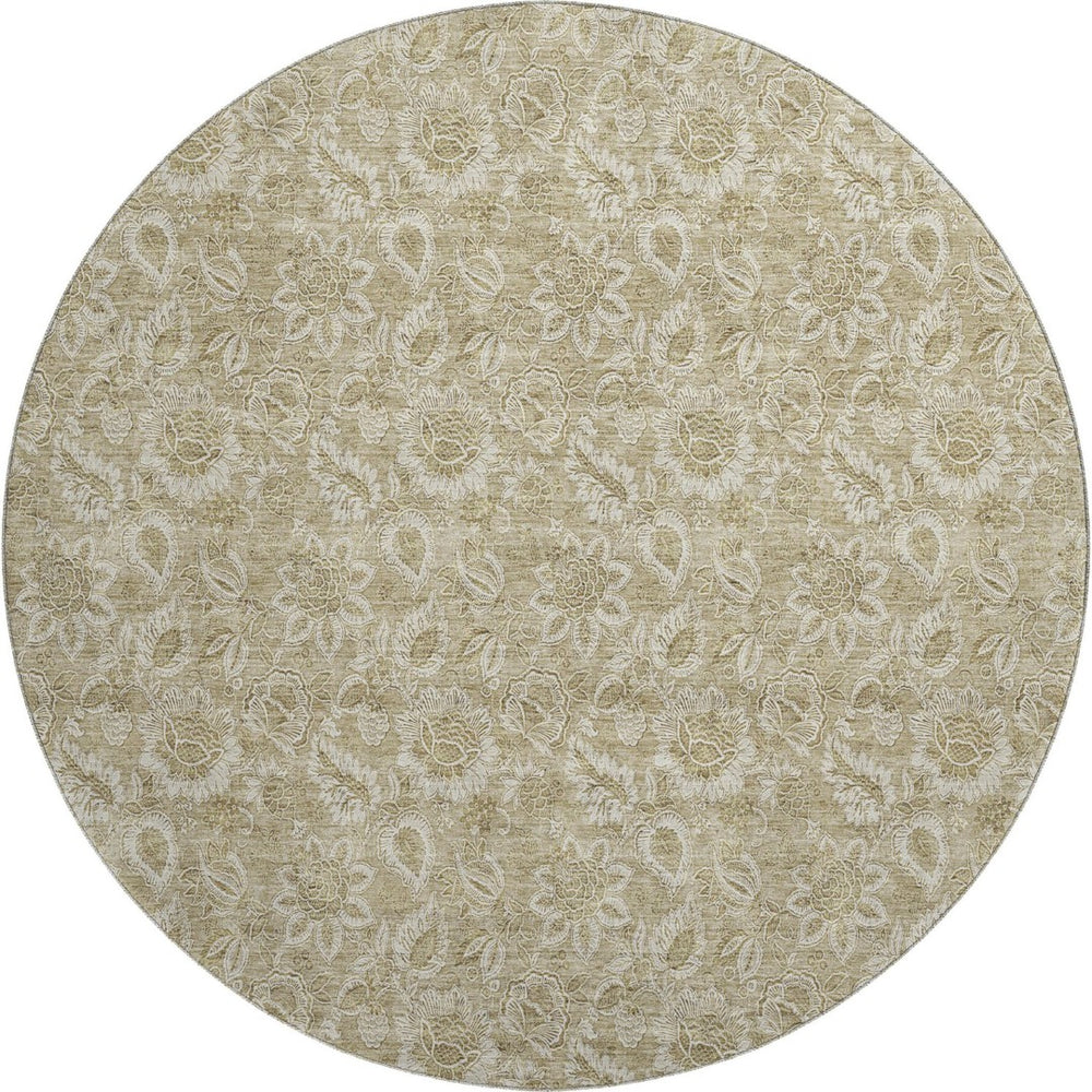 HomeRoots 8' Stylish Beige & Taupe Floral Washable Round Rug - Durable, Stain-Resistant & UV Protected Design 655117