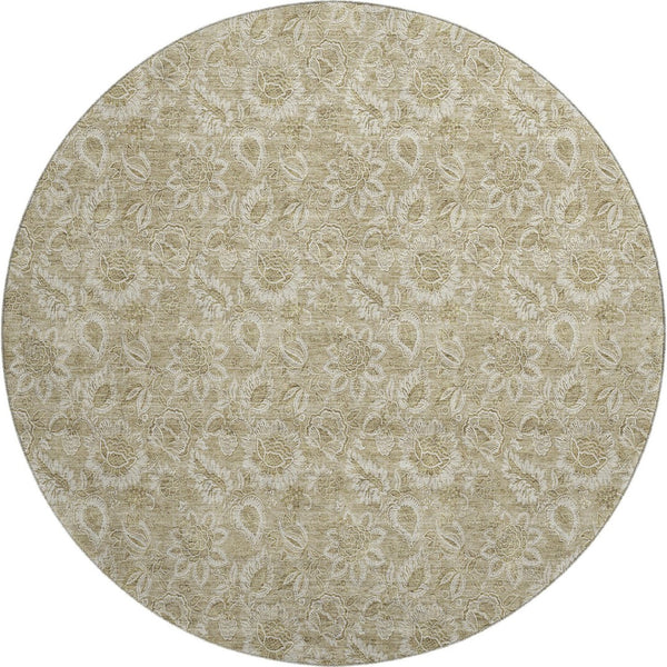 HomeRoots 8' Stylish Beige & Taupe Floral Washable Round Rug - Durable, Stain-Resistant & UV Protected Design 655117