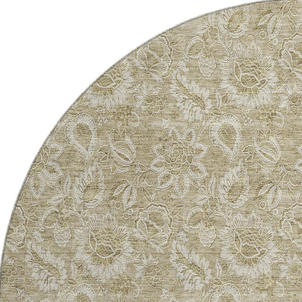 HomeRoots 8' Stylish Beige & Taupe Floral Washable Round Rug - Durable, Stain-Resistant & UV Protected Design 655117