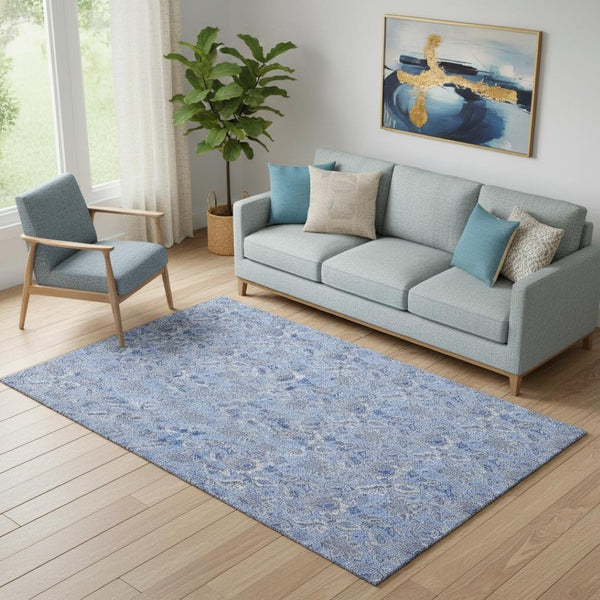 HomeRoots 5' Blue and Ivory Floral Washable Area Rug - Durable, UV Protected, Perfect for Homes with Kids & Pets! 655128
