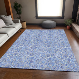 HomeRoots 5' Blue and Ivory Floral Washable Area Rug - Durable, UV Protected, Perfect for Homes with Kids & Pets! 655128