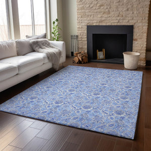 HomeRoots 5' Blue and Ivory Floral Washable Area Rug - Durable, UV Protected, Perfect for Homes with Kids & Pets! 655128