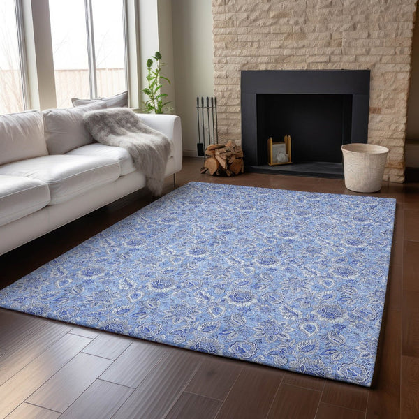 HomeRoots 5' Blue and Ivory Floral Washable Area Rug - Durable, UV Protected, Perfect for Homes with Kids & Pets! 655128