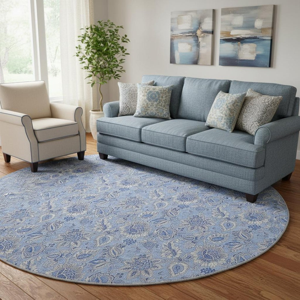 HomeRoots 8' Blue and Ivory Floral Round Rug - Stylish, Washable, UV-Protected, Stain-Resistant Design for Any Room 655129