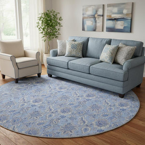 HomeRoots 8' Blue and Ivory Floral Round Rug - Stylish, Washable, UV-Protected, Stain-Resistant Design for Any Room 655129