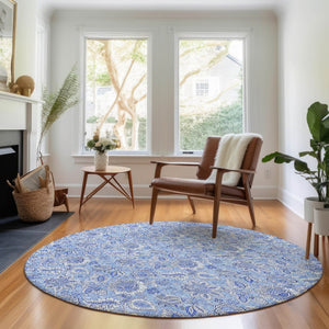 HomeRoots 8' Blue and Ivory Floral Round Rug - Stylish, Washable, UV-Protected, Stain-Resistant Design for Any Room 655129