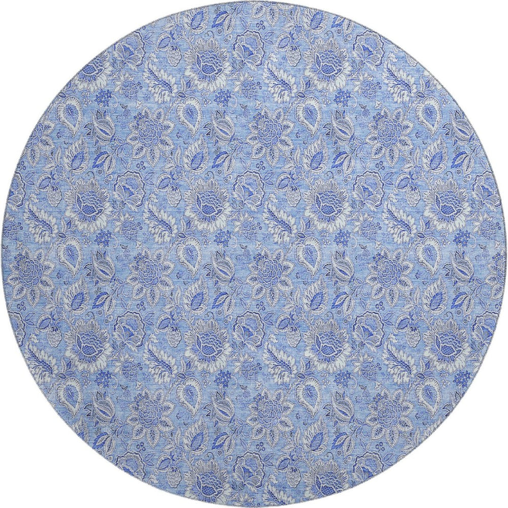 HomeRoots 8' Blue and Ivory Floral Round Rug - Stylish, Washable, UV-Protected, Stain-Resistant Design for Any Room 655129