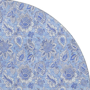 HomeRoots 8' Blue and Ivory Floral Round Rug - Stylish, Washable, UV-Protected, Stain-Resistant Design for Any Room 655129