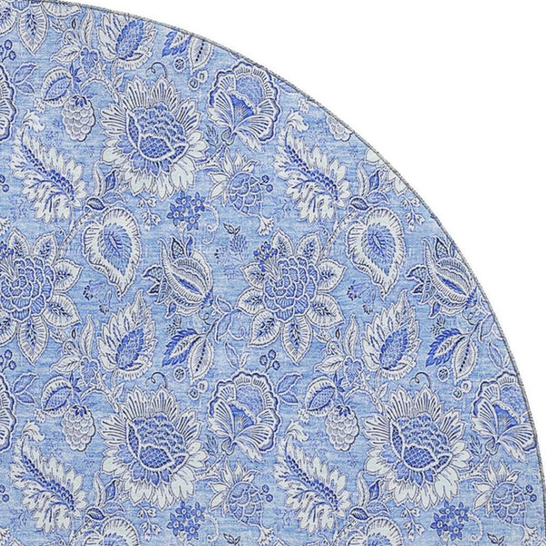 HomeRoots 8' Blue and Ivory Floral Round Rug - Stylish, Washable, UV-Protected, Stain-Resistant Design for Any Room 655129
