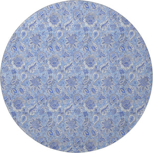 HomeRoots 8' Blue and Ivory Floral Round Rug - Stylish, Washable, UV-Protected, Stain-Resistant Design for Any Room 655129