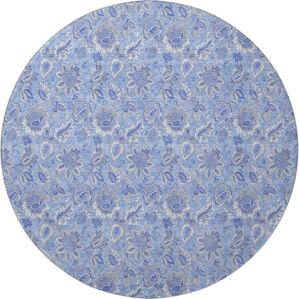 HomeRoots 8' Blue and Ivory Floral Round Rug - Stylish, Washable, UV-Protected, Stain-Resistant Design for Any Room 655129
