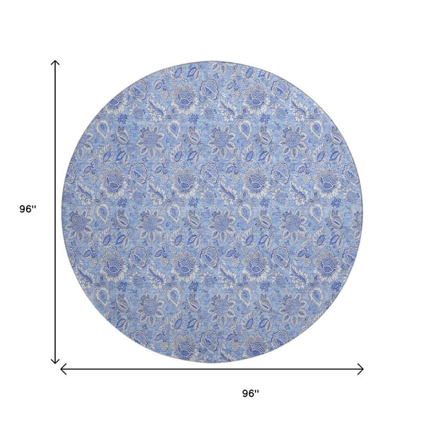 HomeRoots 8' Blue and Ivory Floral Round Rug - Stylish, Washable, UV-Protected, Stain-Resistant Design for Any Room 655129