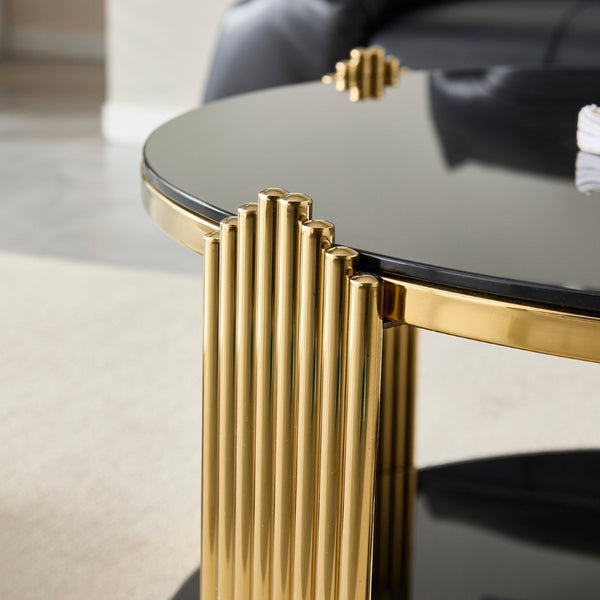 English Elm 35inch Round Coffee Table Dual Tier Tempered Glass Gold Steel Frame Living Room W3357P395503
