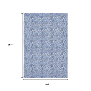 HomeRoots 9' X 12' Floral Washable Area Rug - Durable Blue and Ivory Design with UV Protection & Easy Care 655131