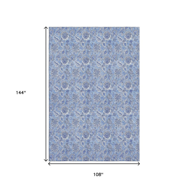 HomeRoots 9' X 12' Floral Washable Area Rug - Durable Blue and Ivory Design with UV Protection & Easy Care 655131