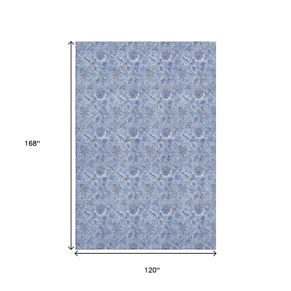 HomeRoots 10' X 14' Blue Floral Washable Area Rug - Durable, UV Protected, Perfect for Family Spaces & Pets! 655132