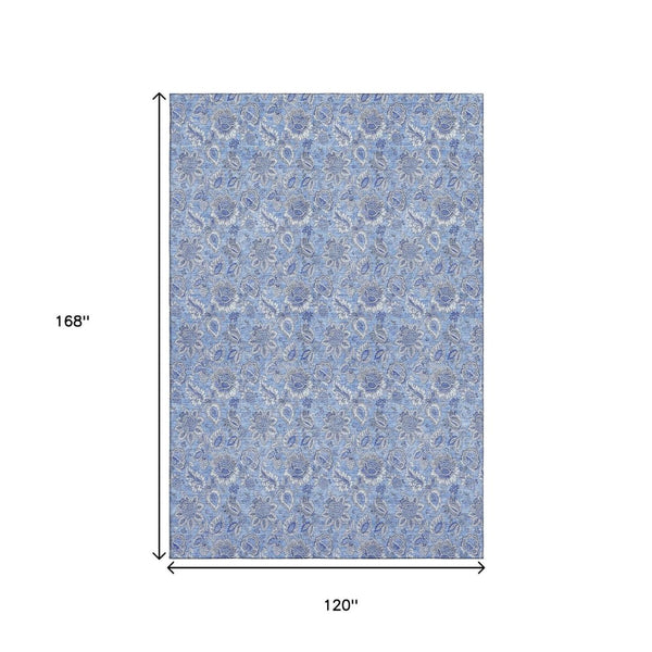 HomeRoots 10' X 14' Blue Floral Washable Area Rug - Durable, UV Protected, Perfect for Family Spaces & Pets! 655132
