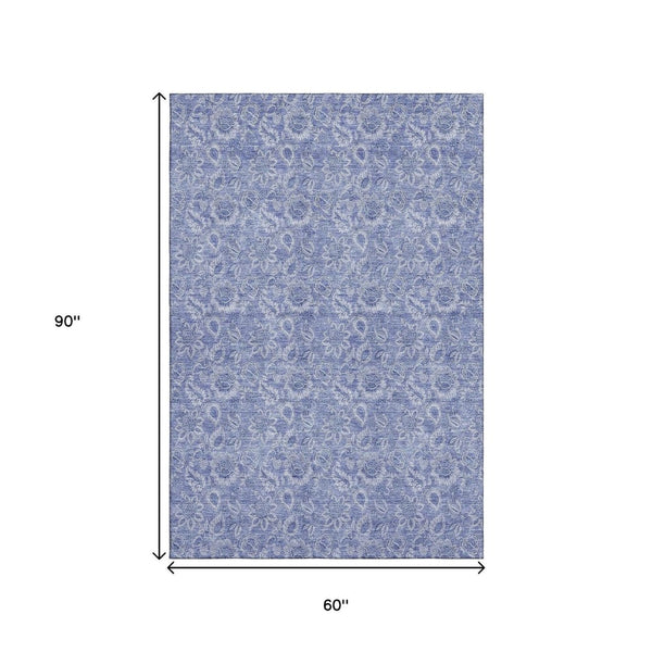 HomeRoots 5' X 8' Denim Blue & Ivory Floral Area Rug - Stylish, Washable, UV-Protected for Busy Homes! 655134