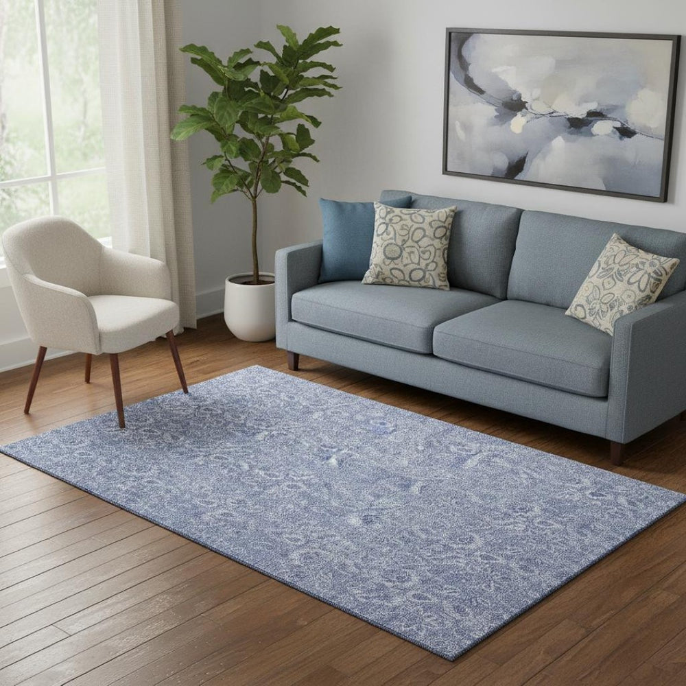 HomeRoots 5' X 8' Denim Blue & Ivory Floral Area Rug - Stylish, Washable, UV-Protected for Busy Homes! 655134