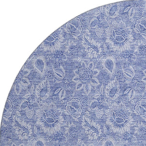 HomeRoots 8' Denim Blue Round Rug with Ivory Floral Design - Washable, UV Protected, Pet-Friendly Home Decor 655135
