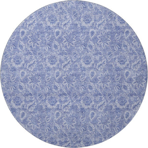 HomeRoots 8' Denim Blue Round Rug with Ivory Floral Design - Washable, UV Protected, Pet-Friendly Home Decor 655135