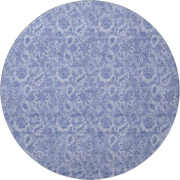 HomeRoots 8' Denim Blue Round Rug with Ivory Floral Design - Washable, UV Protected, Pet-Friendly Home Decor 655135