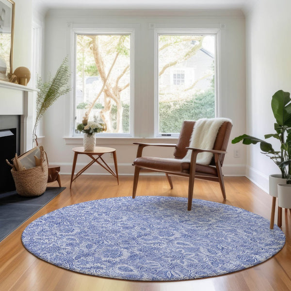 HomeRoots 8' Denim Blue Round Rug with Ivory Floral Design - Washable, UV Protected, Pet-Friendly Home Decor 655135
