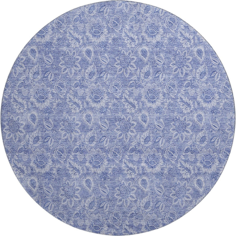 HomeRoots 8' Denim Blue Round Rug with Ivory Floral Design - Washable, UV Protected, Pet-Friendly Home Decor 655135