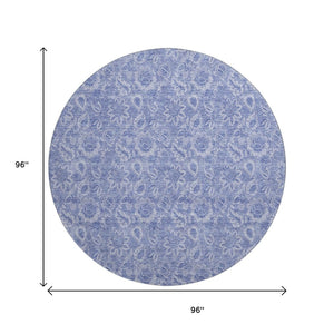 HomeRoots 8' Denim Blue Round Rug with Ivory Floral Design - Washable, UV Protected, Pet-Friendly Home Decor 655135