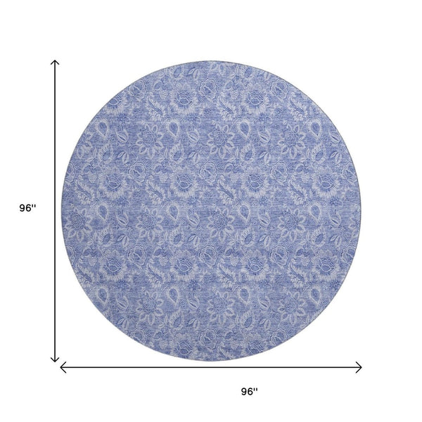 HomeRoots 8' Denim Blue Round Rug with Ivory Floral Design - Washable, UV Protected, Pet-Friendly Home Decor 655135