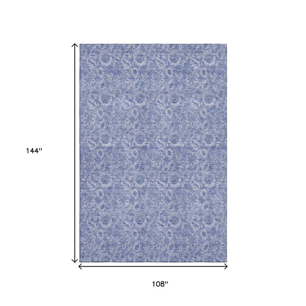 HomeRoots 9' X 12' Denim Blue and Ivory Floral Area Rug – Washable, UV-Protected, Family-Friendly Design 655137