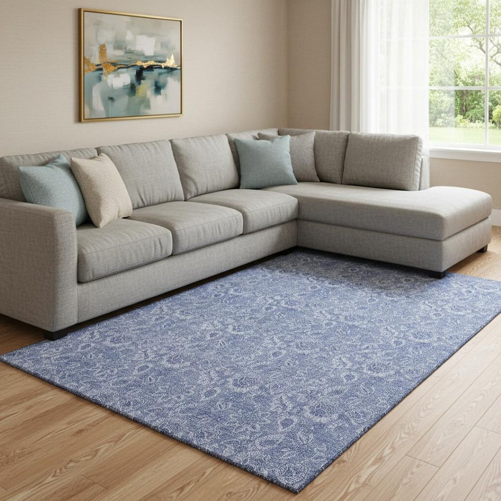 HomeRoots 9' X 12' Denim Blue and Ivory Floral Area Rug – Washable, UV-Protected, Family-Friendly Design 655137