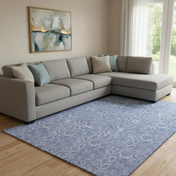HomeRoots 10' X 14' Denim Blue Floral Area Rug - Washable, UV Protected & Stain Resistant for Busy Homes 655138