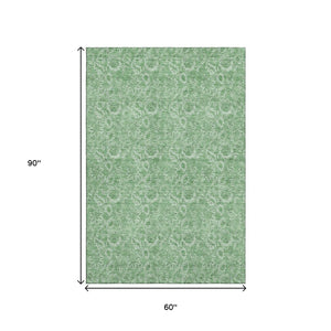 HomeRoots 5' X 8' Green And Ivory Floral Area Rug - Durable, Washable Design with UV Protection for Homes 655140