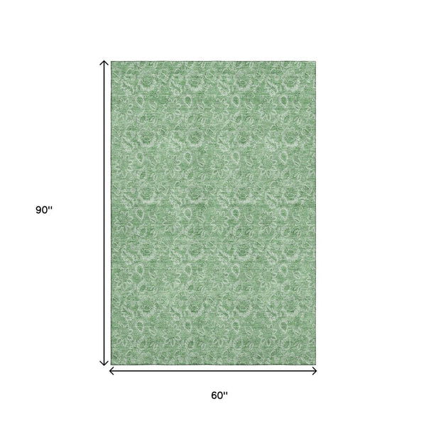 HomeRoots 5' X 8' Green And Ivory Floral Area Rug - Durable, Washable Design with UV Protection for Homes 655140