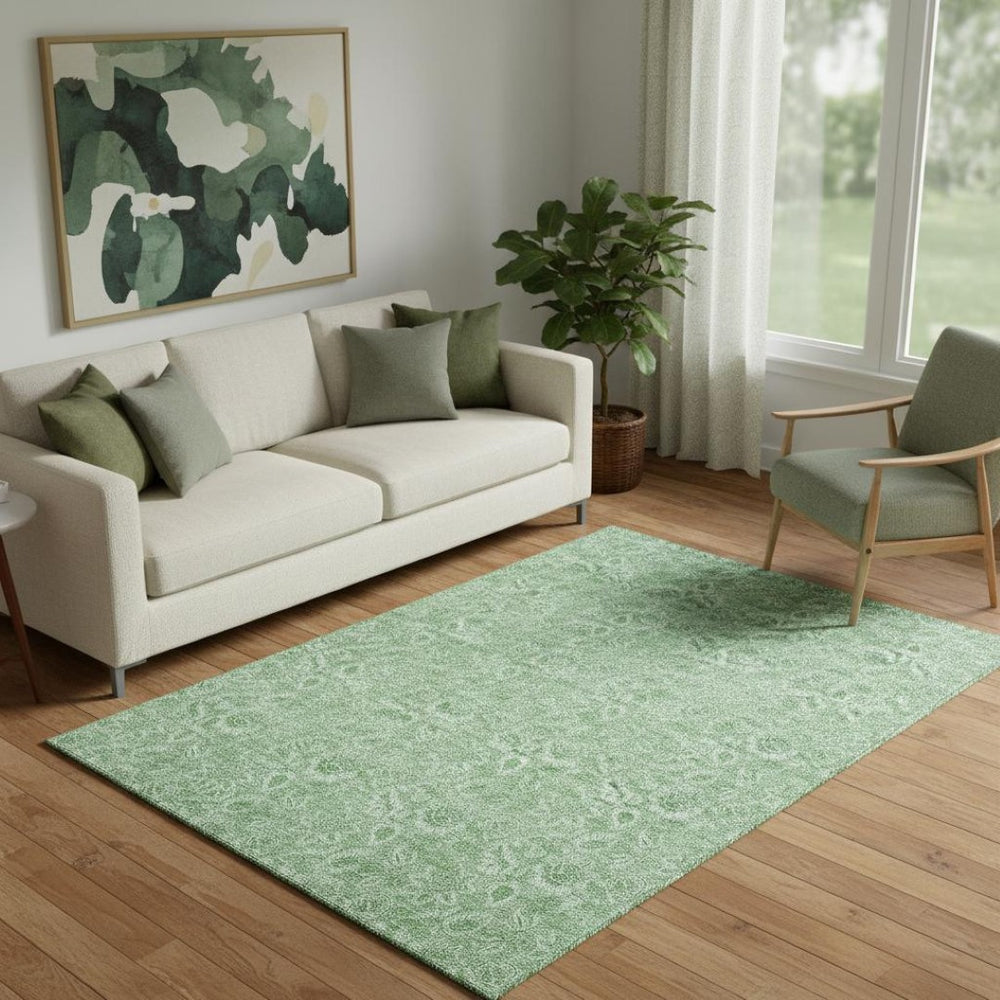 HomeRoots 5' X 8' Green And Ivory Floral Area Rug - Durable, Washable Design with UV Protection for Homes 655140