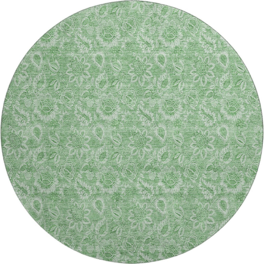 HomeRoots 8' Green and Ivory Floral Round Rug - Washable, UV Protected, Stain-Resistant, Perfect for Homes! 655141
